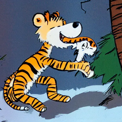 Prompt: photo of Calvin and Hobbes