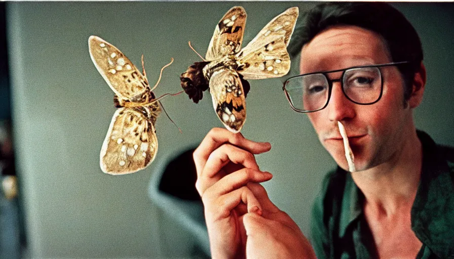 Prompt: 7 0 s movie still of a man with moths in the mouth, cinestill 8 0 0 t 3 5 mm eastmancolor, heavy grain, high quality, high detail