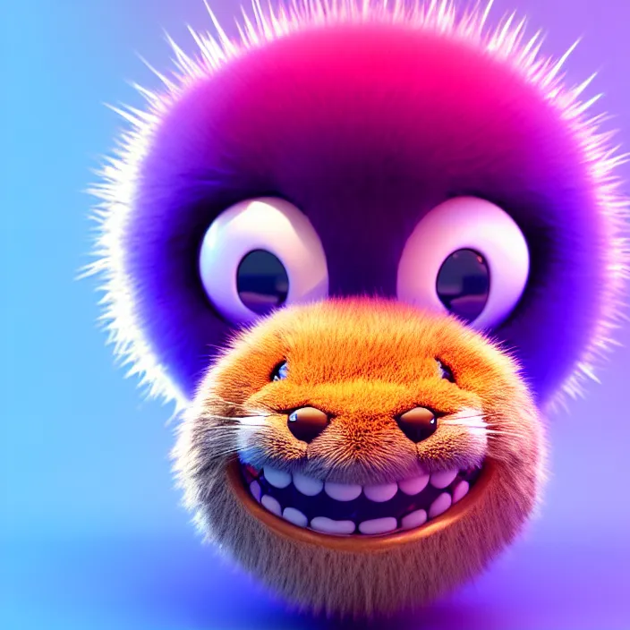 Prompt: high quality 3 d render hyperrealistic very cute big spherical smile emoticon, whiskers, plush mascot, short spiky colorful dense fluffy smooth fur 1 cm long, psychedelic lighting, 1 5 0 mm, smooth background, artstation, elegant, ultra detailed, octane render