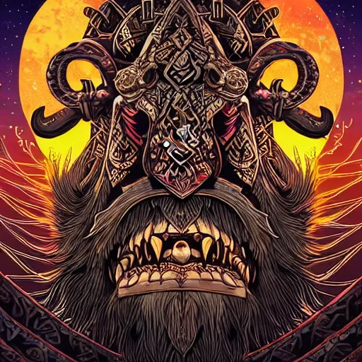 Prompt: barong family member, viking warrior, viking beard, reindeer horns, runic inscription, mammoth, wiwek, mara demon, one single tribe member, jungle, one single mask, dark, ancient warrior, tribal, inner glow, art by dan mumford and justin gerard