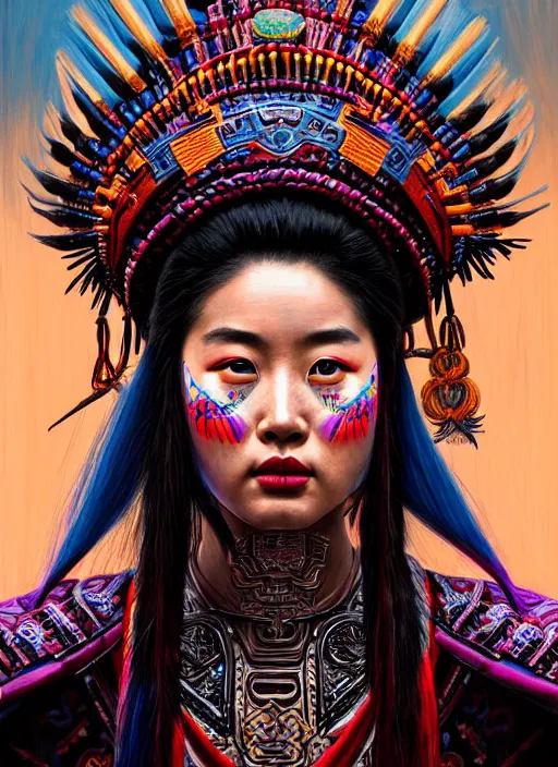 Image similar to portrait of liu yifei, hyper detailed ultra sharp aztec shaman warrior. trending on artstation, warpaint aesthetic, bloodwave, colorful, psychedelic, ornate, intricate, digital painting, concept art, smooth, sharp focus, illustration, art by artgerm and greg rutkowski and h. r. giger, 8 k