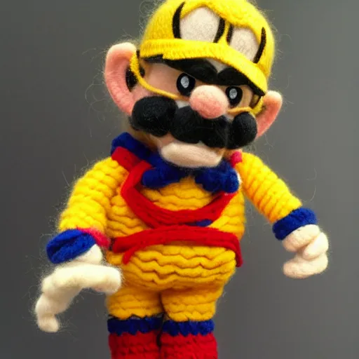 Image similar to a doll of wario made out of yarn