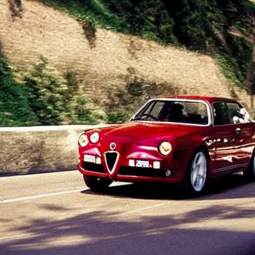 Prompt: a beautiful blonde woman driving an alfa romeo on a beautiful road, art decot style