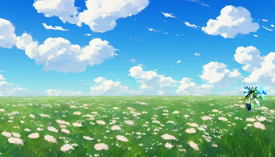 Image similar to a field of beautiful flowers, fluffy white clouds in the blue sky on a beautiful windy day, trending on pixiv fanbox, painted by greg rutkowski makoto shinkai takashi takeuchi studio ghibli