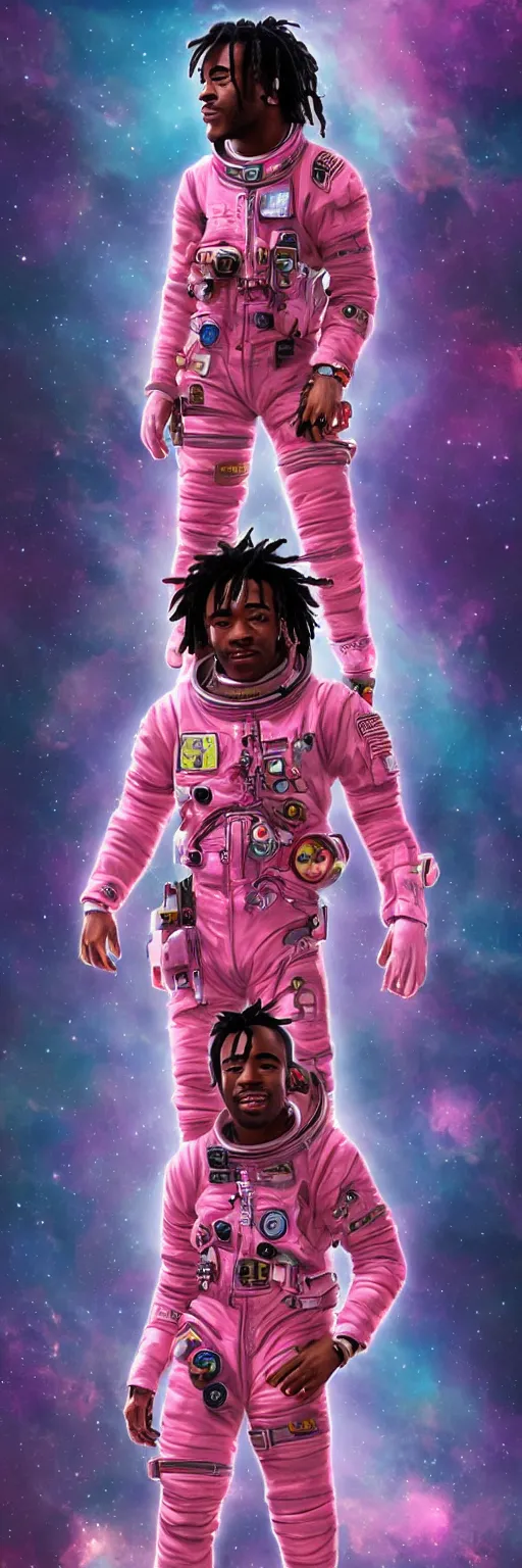 Image similar to Cinematic full body portrait of Lil Uzi Vert wearing a pink spacesuit, cinematic photograph, matte painting, trending on artstation, space clouds art