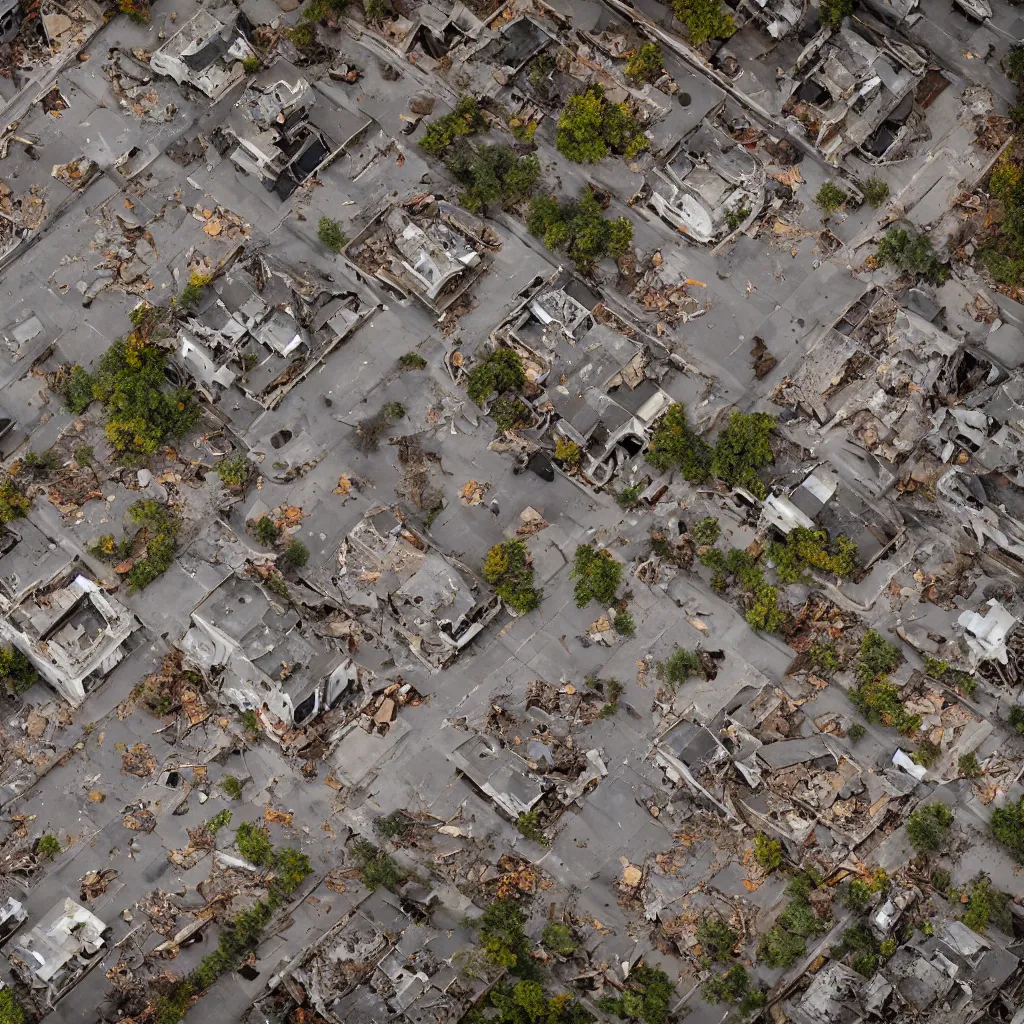 Image similar to top down aerial view of dilapidated city center in real life, desolate with zombies, dilapidated, zombies in the streets, nightmarish, some rusted style parked vehicles, sunny weather, few clouds, volumetric lighting, photorealistic, daytime, autumn, sharp focus, ultra detailed, cgsociety