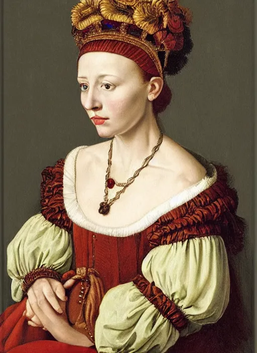 Prompt: portrait of young woman in renaissance dress and renaissance headdress, art by adolf ziegler