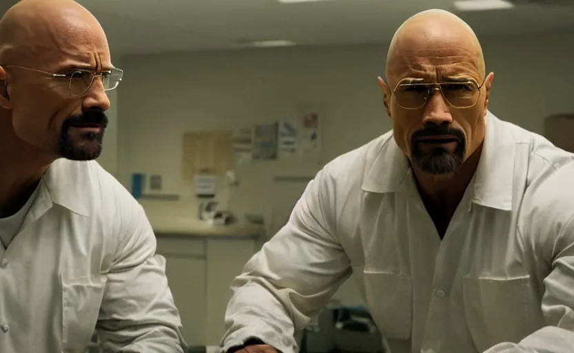 Image similar to Dwayne The Rock Johnson as Walter White in 'Breaking Bad' (2012), movie still frame, oscar nominated cinematography, volumetric lighting, 8k resolution, beautiful composition