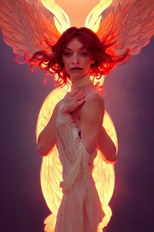 Prompt: a beautiful fire angel, fantasy, portrait, sharp focus, intricate, elegant, digital painting, artstation, matte, highly detailed, concept art, illustration, ambient lighting, art by ilya kuvshinov, artgerm, Alphonse mucha, and Greg Rutkowski