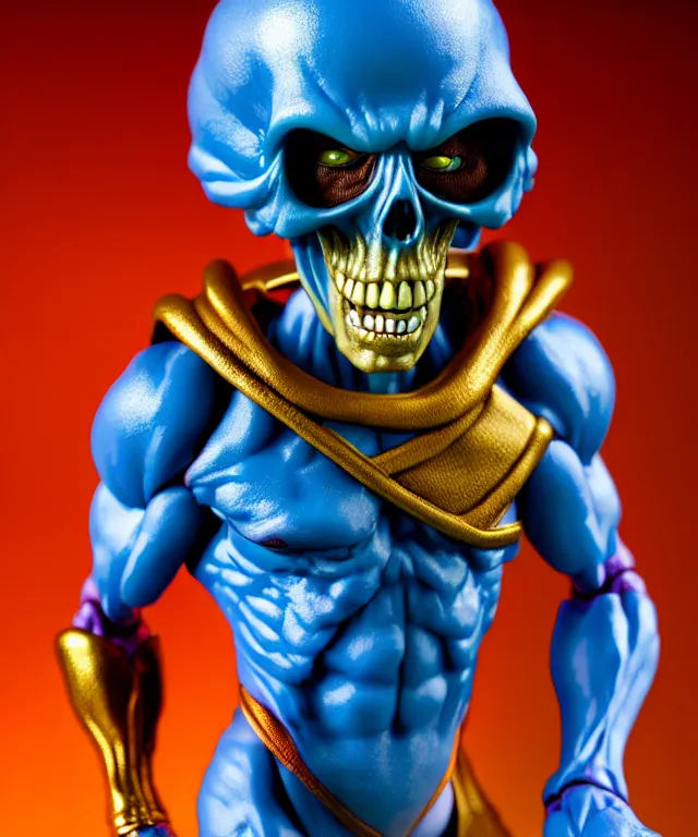 Image similar to hyperrealistic rendering, skeletor, by art of skinner and richard corben and jeff easley, product photography, action figure, sofubi, studio lighting, colored gels