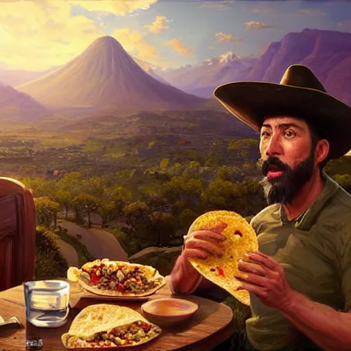 Prompt: epic masterpiece of cinematographic hyperrealism where a mexican with a hat appears eating a taco in the background you can see the seat of san jasinto. realistic shaded lighting poster by craig mallismo, artgerm, jeremy lipkin and michael garmash, unreal engine, radiant light, detailed and intricate environment, digital art, art station trends