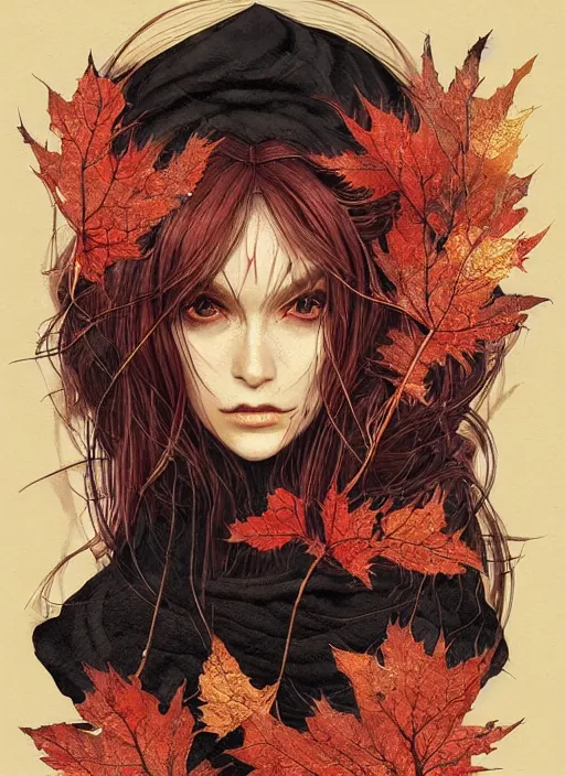 Prompt: gold red black color, golden leaves at frame border, creative!!! composition for a book cover!!!, absurdly beautiful, ultrafine hyperrealistic detailed old witch face by wlop and artgerm and greg rutkowski, intricate linework, sharp focus, smooth, octopath traveler, final fantasy, unreal engine, dramatic lighting, ethereal, 8 k