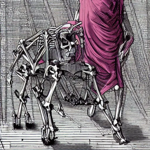 Prompt: The digital art features a human figure driving a chariot. The figure is skeletal and frail, with a large head and eyes. The chariot is pulled by two animals, which are also skeletal and frail. magenta by Adrian Tomine, by Vittorio Matteo Corcos distorted, intuitive