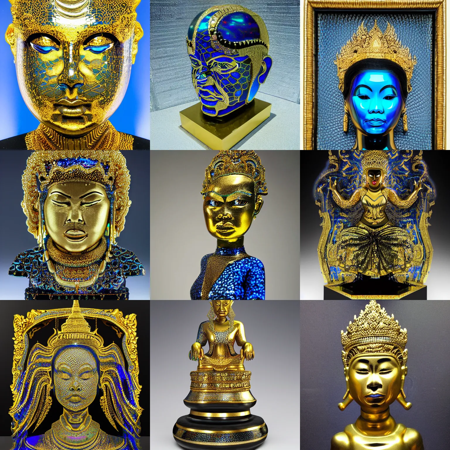 Prompt: intricate holographic sculpture of futuristic digital chubby angry thai empress, stone and glass and gold, high contrast, blue and black, masterpiece