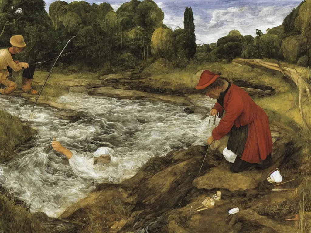 Image similar to Painter washing his brushes in a river in the afternoon. Painting by Lucas Cranach, Caspar David Friedrich, Lucian Freud.