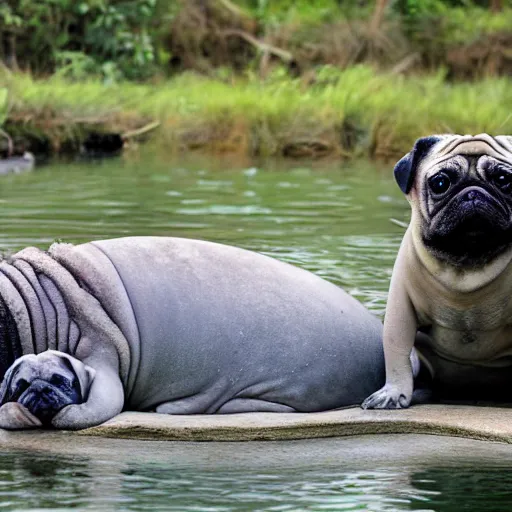 Image similar to a Manatee-Pug Hybrid, A Manatee that looks like a pug, huge tusks, afternoon hangout, good times photograph, candid