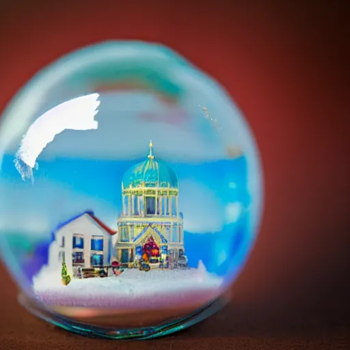 Prompt: snowglobe of a tiny town brighton uk, tilt-shift lomo photo