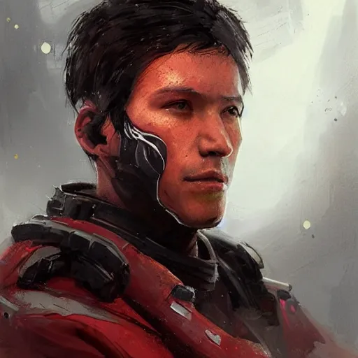 Image similar to portrait of a man by greg rutkowski, mixture between russian and japanese, black messy hair, star wars expanded universe, he is about 2 0 years old, wearing red tactical gear of the galactic triunvirate, highly detailed portrait, digital painting, artstation, concept art, smooth, sharp foccus ilustration, artstation hq