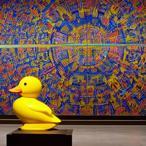 Image similar to wide shot, one photorealistic rubber duck in foreground on a pedestal in an cavernous museum gallery, metropolitan museum of art, the walls are covered with colorful geometric wall paintings in the style of sol lewitt, tall arched stone doorways, through the doorways are more wall paintings in the style of sol lewitt.