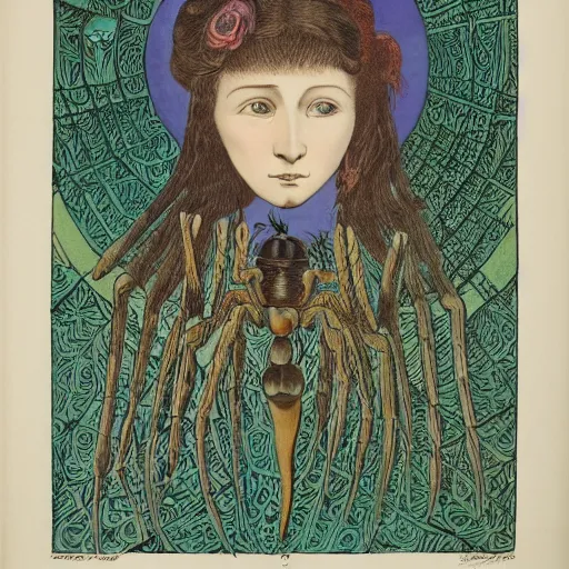 Image similar to a girl with a spider, colored woodcut, flat pastel colors, by Mackintosh, art noveau, by Ernst Haeckel