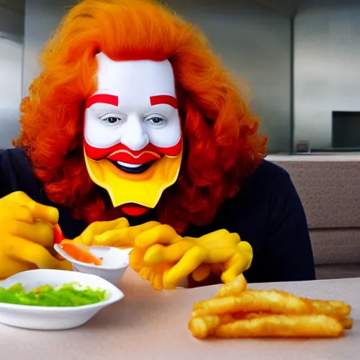 Image similar to ronald mcdonald eating a giant fry