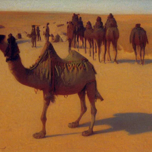 Prompt: camel caravan, timbuktu, by henry ossawa tanner, at sunrise