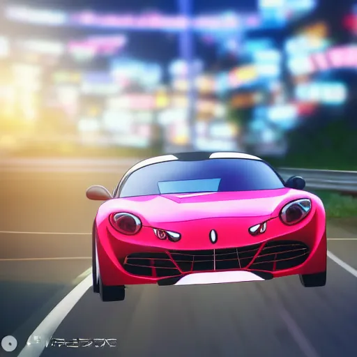 Prompt: 3 d photo of an anime girl with cat ears and long hair looking to her side, racing down a tokyo highway in the drivers seat of an alpine a 1 1 0, bokeh, shader, anime art style, highly detailed, cel - shaded, colorful, animated, trending