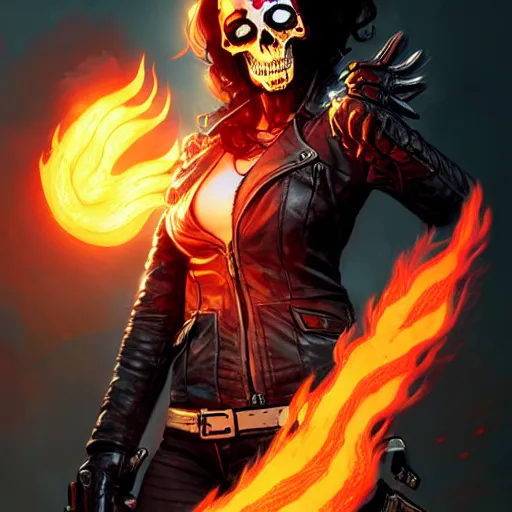 Prompt: female ghost rider, flaming skull, art by greg rutkowski and wlop and raymond swanland and ross tran,