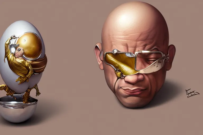 Prompt: silver egg cup, vin diesel head in egg cup, head looks like egg, eggshell cracking, hyper detailed, digital art, artstation, cinematic lighting, studio quality, smooth render, by peter mohrbacher, hajime sorayama, boris vallejo, craig mullins