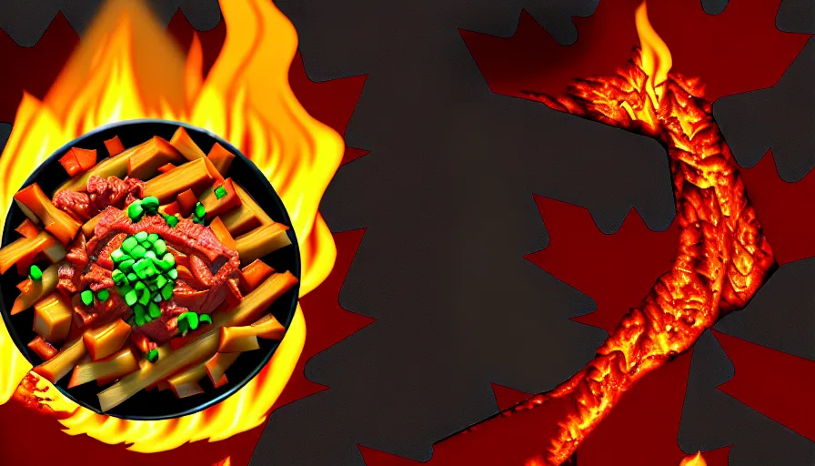 Prompt: poutine ( the canadian meal ) from mount doom, volcano texture, lava texture, fire texture, 8 k, octande render, surface blemishes