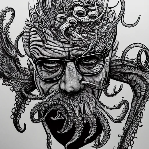 Prompt: Walter White as a Lovecraftian monster, detailed, portrait, intricate, illustration, ink drawing by Kim Jung Gi, hyperdetailed, trending on artstation, highly detailed, Aaron Horkey