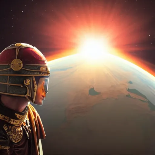 Image similar to a roman helmet flying in space with the earth in the background, sun flare.