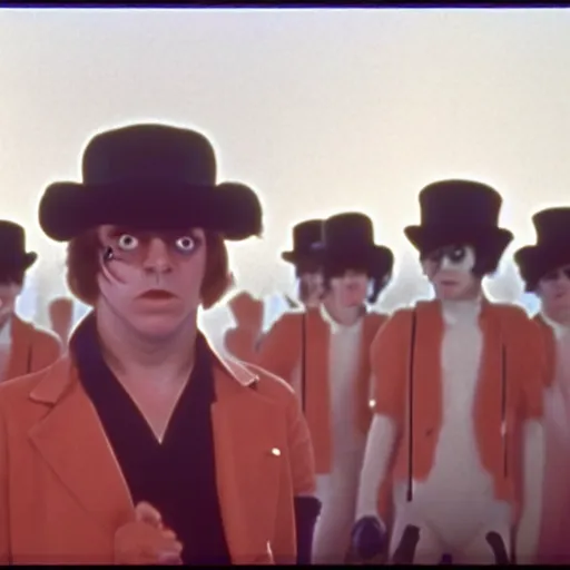 Prompt: A film still from a A Clockwork Orange 1971 Stanley Kubrick movie about league of legends cosplayers. Realism. 4k. 8mm. Grainy. Panavision