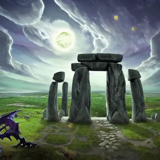 Prompt: baron nashor from league of legends surrounded by stonehenge, in the middle hyper detailed, hyper realistic, angled shot from the sky looking down,