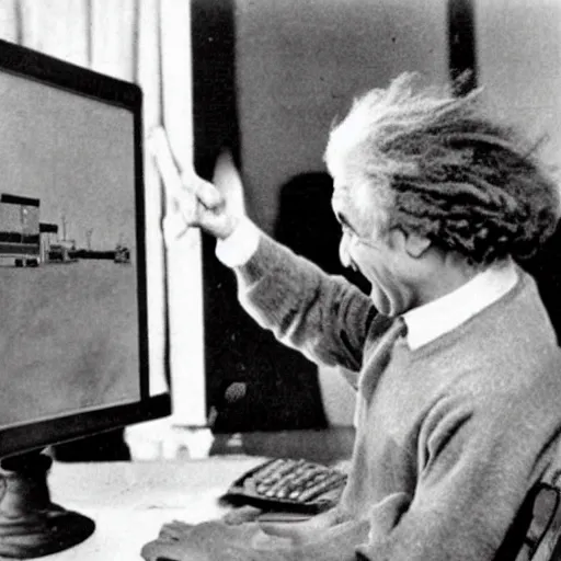 Prompt: vintage photo of albert einstein playing roblox, roblox shown on the computer, einstein pointing at the computer, circa 1 6 0 0, award - winning shot