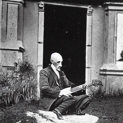 Image similar to count orlok playing delta blues outside his castle, 1 9 2 0 s photograph, there is a dog his side