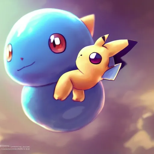 Image similar to cinematic portrait of cute Pokemon Mew riding large blue bubble, oil on canvas, masterpiece, trending on artstation, featured on pixiv, cinematic composition, dramatic pose, beautiful lighting, sharp, details, hyper-detailed, HD, HDR, 4K, 8K