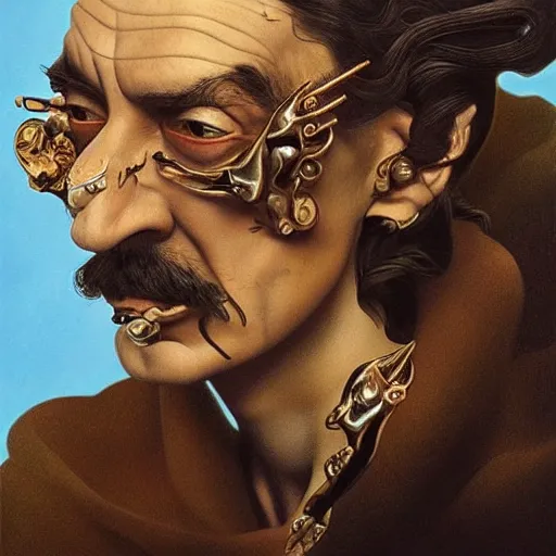 Image similar to Salvador Dali, Extremely Highly detailed, Occult, funny, humorous, humor, hilarious, funny, entertaining, magical, trending on artstationHQ, closeup, D&D, intricate, elegant, highly detailed, digital painting, artstation, concept art, matte, sharp focus, illustration, art by Artgerm and Greg Rutkowski and Alphonse Mucha