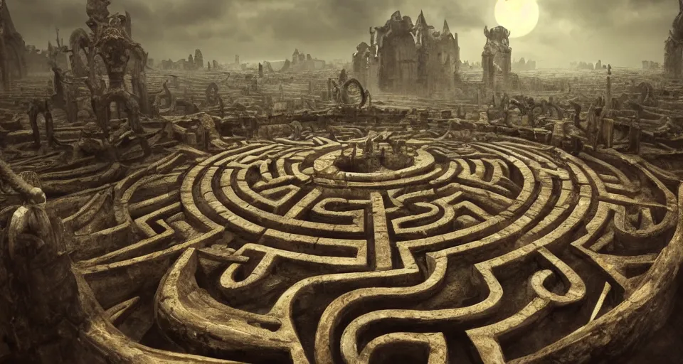 Image similar to circular bone labyrinth made out of gigantic monster bones, art deco medieval style, grimdark vibes, golden skeleton statue in center of labyrinth, abandoned vibes, gloomy moody clouds, god sun rays, complimentary color scheme, G liulian Art style, dynamic lighting, highly detailed, cinematic landscape, octane render, unreal engine