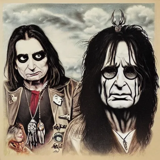 Prompt: alice cooper and ozzy osbourne in the style of american gothic