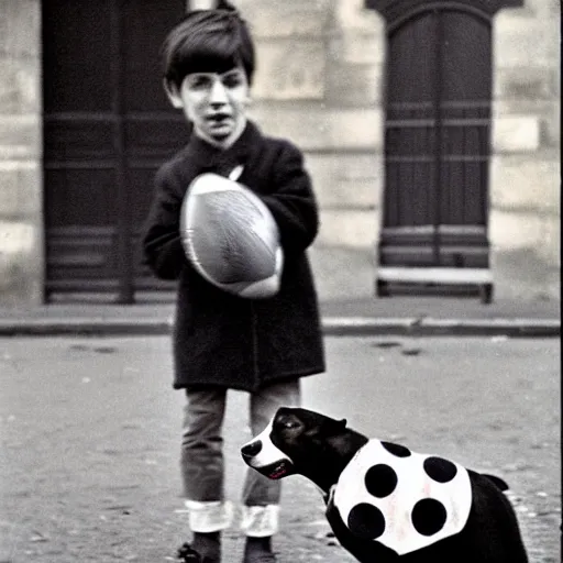 Image similar to a french boy on the streets of paris playing football against a corgi, the dog is wearing a polka dot scarf, book illustration, 1 9 6 6