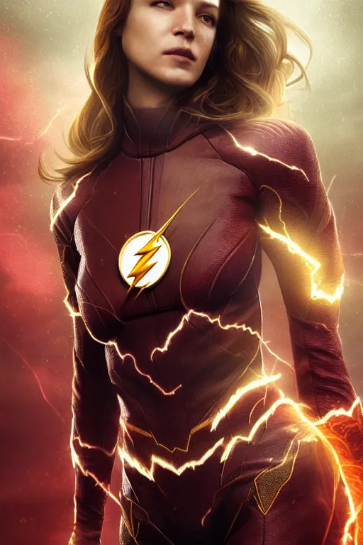 Image similar to Majestic and regal portrait of a female The Flash, DC universe, Perfect face, beautiful, intricate, epic, elegant, menacing, fantasy, highly detailed, digital painting, hard focus, beautiful volumetric lighting, epic light, ultra detailed, by Leesha Hannigan, Ross Tran, Thierry Doizon, Kai Carpenter, Ignacio Fernández Ríos