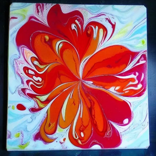 Prompt: pour paint art, marbling, orange and red color scheme, floral style