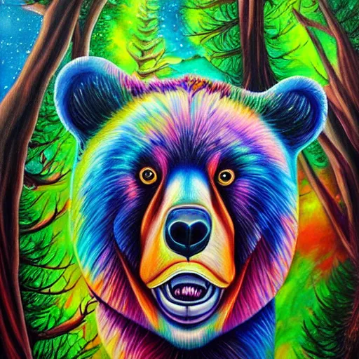 Image similar to a painting of a bear in a tree, an airbrush painting by lisa frank, trending on deviantart, psychedelic art, detailed painting, airbrush art, acrylic art