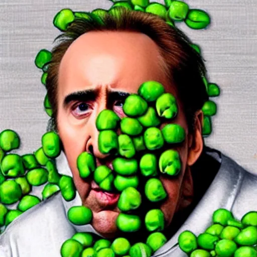 Image similar to nicolas cage trapped in a wicker cage with peas on his face, dying