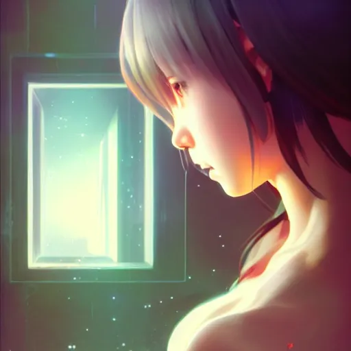 Image similar to very small little girl by ross tran, touching their reflection sana takeda, rtx reflections, very high intricate details, digital anime art by artgerm, medium shot, mid - shot, composition by ilya kuvshinov, lighting by greg rutkowski