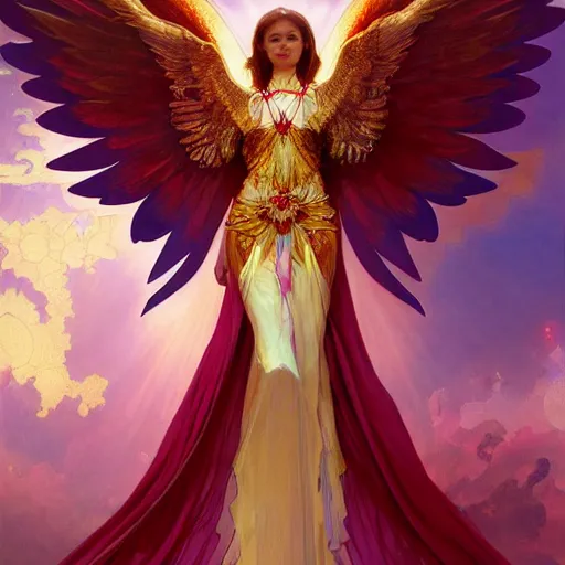 Prompt: a beautiful orchid phoenix angel woman, in an ornamented dress with large wings, volumetric light, god rays, 8 k high resolution, rubies, by greg rutkowski, alphonse mucha, artgerm,