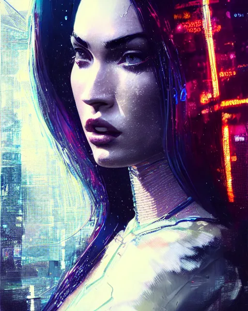 Image similar to detailed side profile portrait Megan Fox, cyberpunk futuristic neon, reflective puffy coat, decorated with traditional Japanese ornaments by Ismail inceoglu dragan bibin hans thoma greg rutkowski Alexandros Pyromallis Nekro Rene Maritte Illustrated, Perfect face, fine details, realistic shaded, fine-face, pretty face