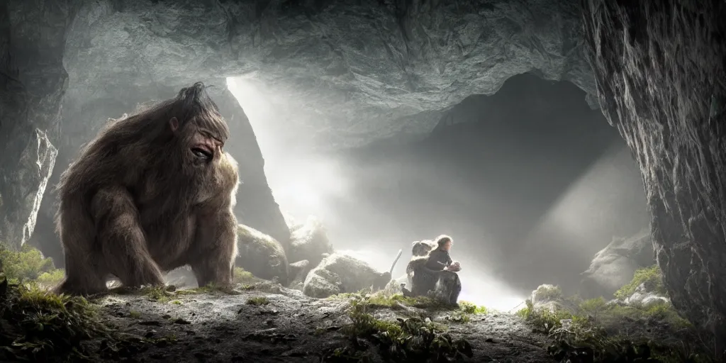 Image similar to a giant cave troll in the style of lord of the rings, 8 k, moody lighting, shallow depth of field,