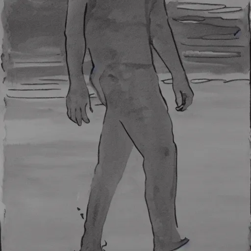 Image similar to ink and brush drawing of ben mendelsohn walking on the beach smoking, sunset